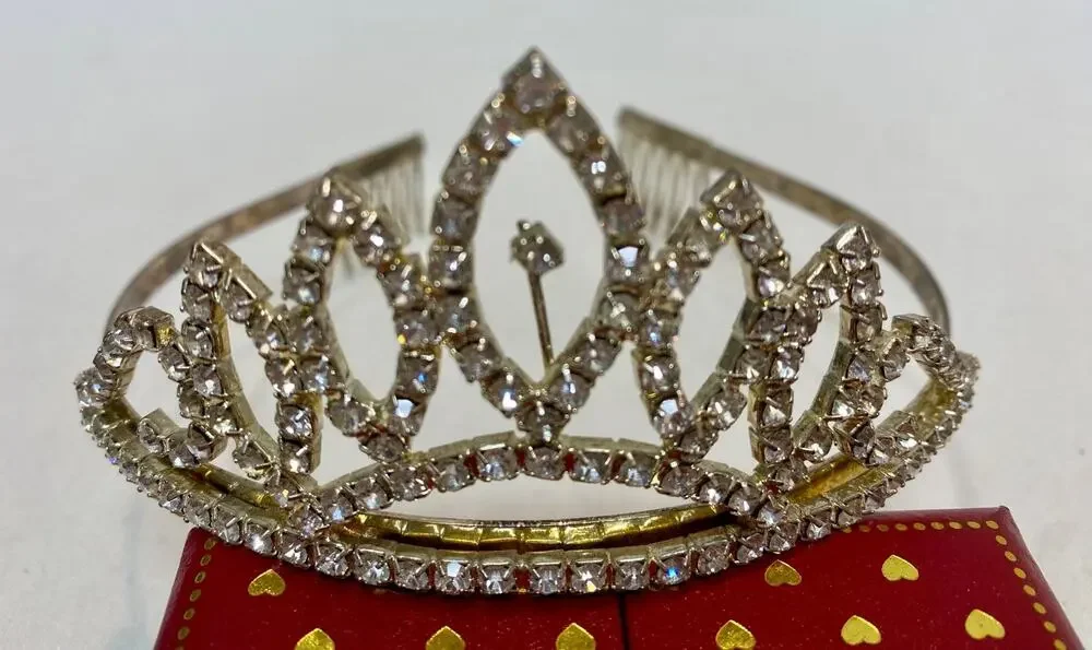Vintage 1950s Tiara Rhinestones Bridal Pageant Prom Quinceanera Crown GOLDTONE